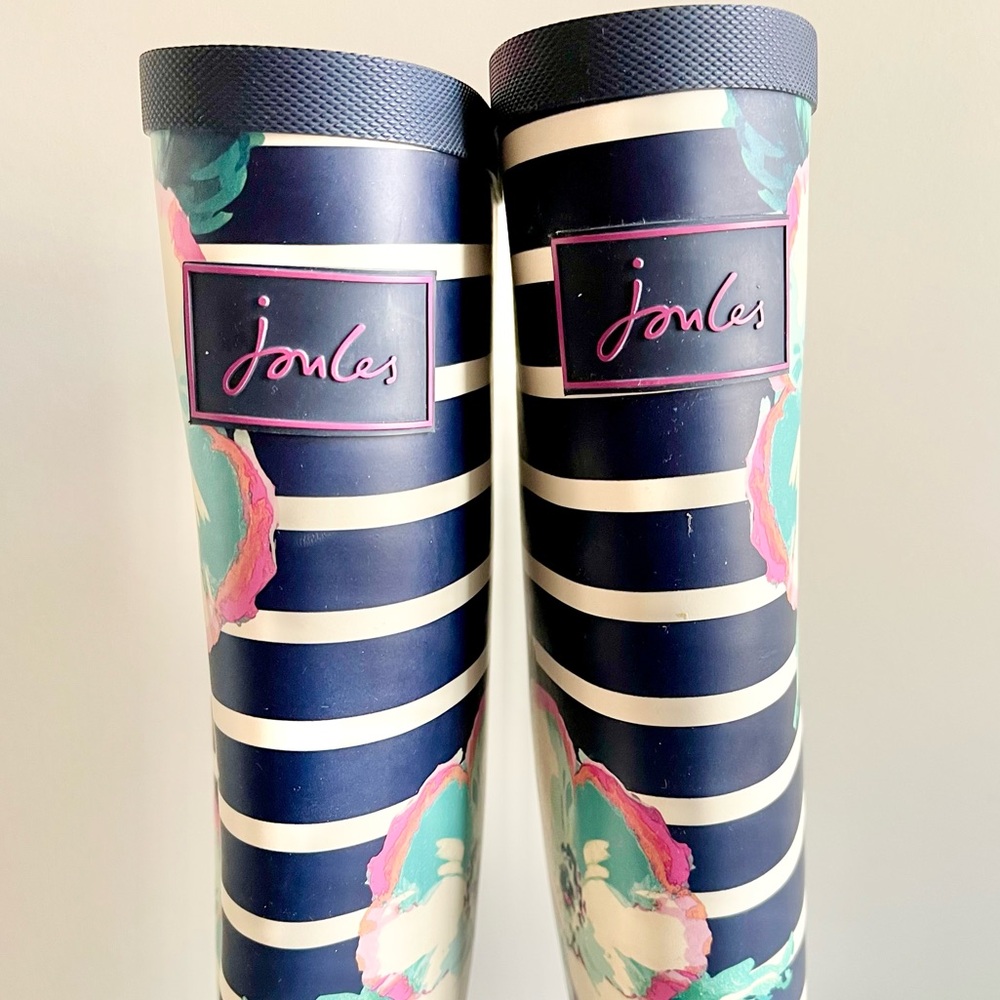 Joules Tall Welly Knee High Rain Boots - Navy Floral Stripe - Picture 3 of 7